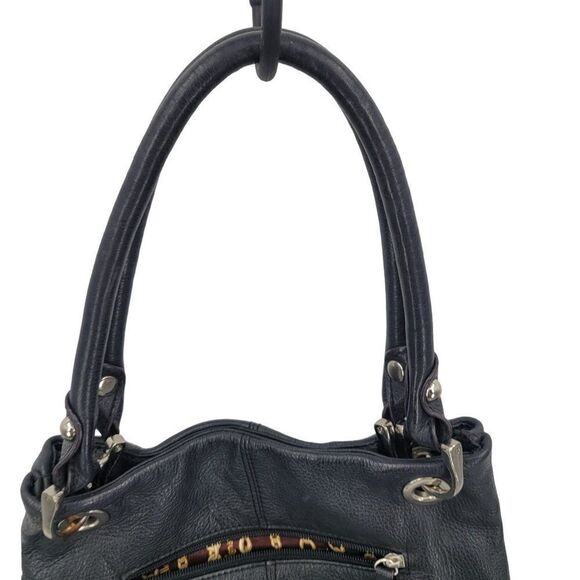 Tignanello Black Pebble Leather Double Shoulder Bag Handbag Purse Rectangle - Picture 4 of 11